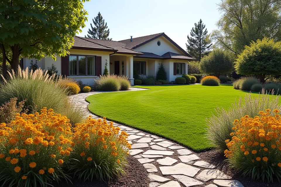 Spacious drought-tolerant garden with native grasses and shrubs, featuring a winding pathway and natural rock elements in Riverglen, Boise.