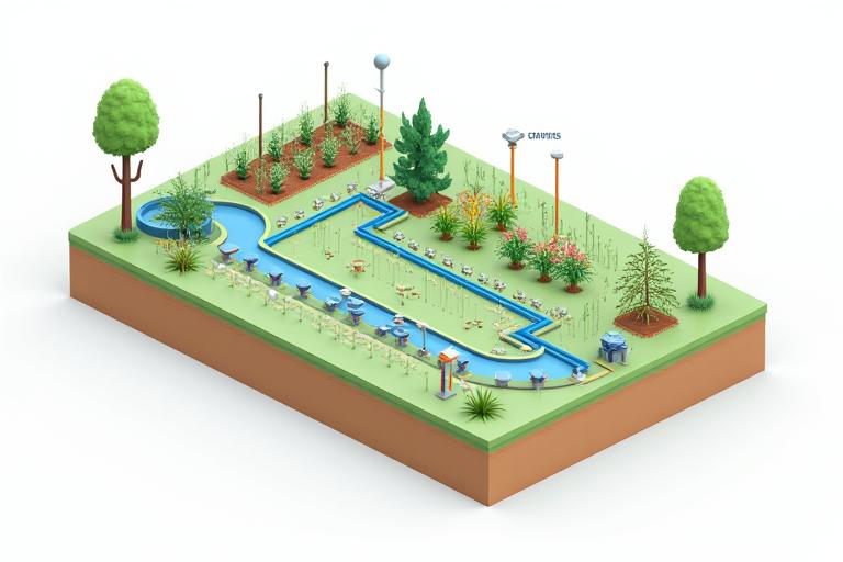 Detailed schematic diagram of a drip irrigation system with different components and water flow paths illustrated