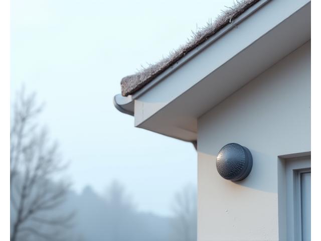Small rain sensor mounted on a building, designed to detect precipitation or freezing temperatures