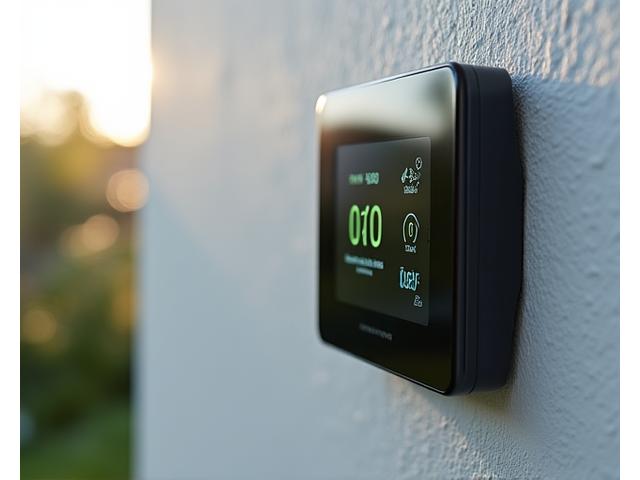 Close-up of a modern smart irrigation controller with a digital display showing weather data and remote access icon