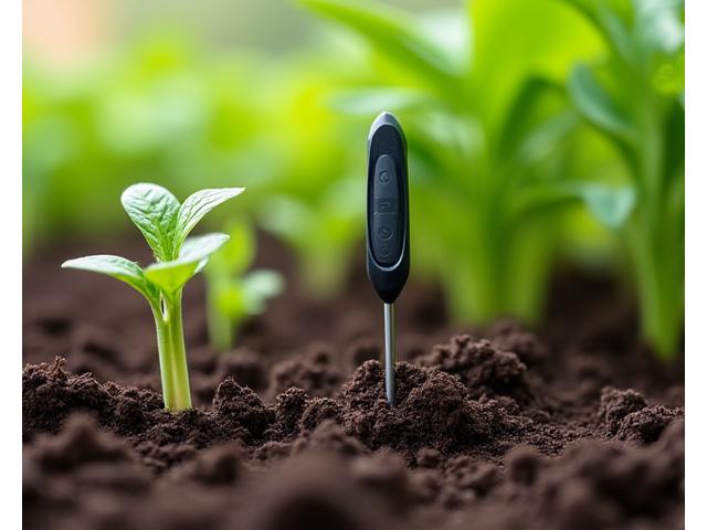 Hand inserting a soil moisture sensor into garden soil near a plant's roots