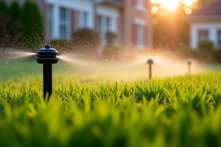 Modern, low-flow sprinkler heads watering a lush green lawn evenly, showing minimal overspray