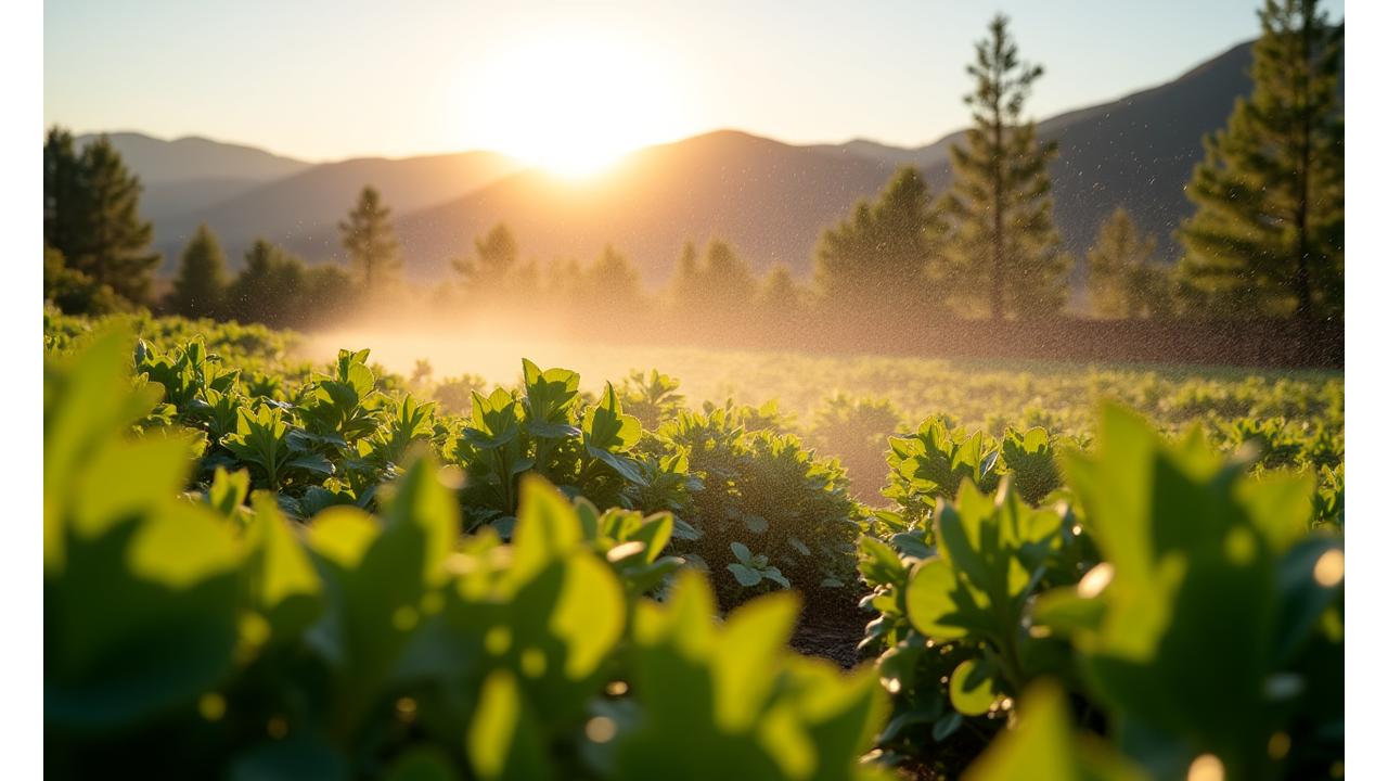 Lush garden with smart irrigation system nozzles gently watering plants against a backdrop of the Boise foothills