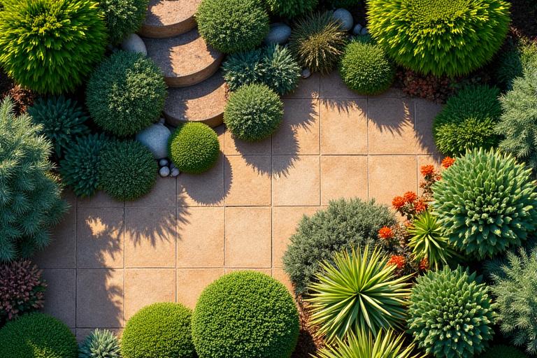 Overhead view of a beautifully designed garden segmented into different water zones, with diverse plant types thriving