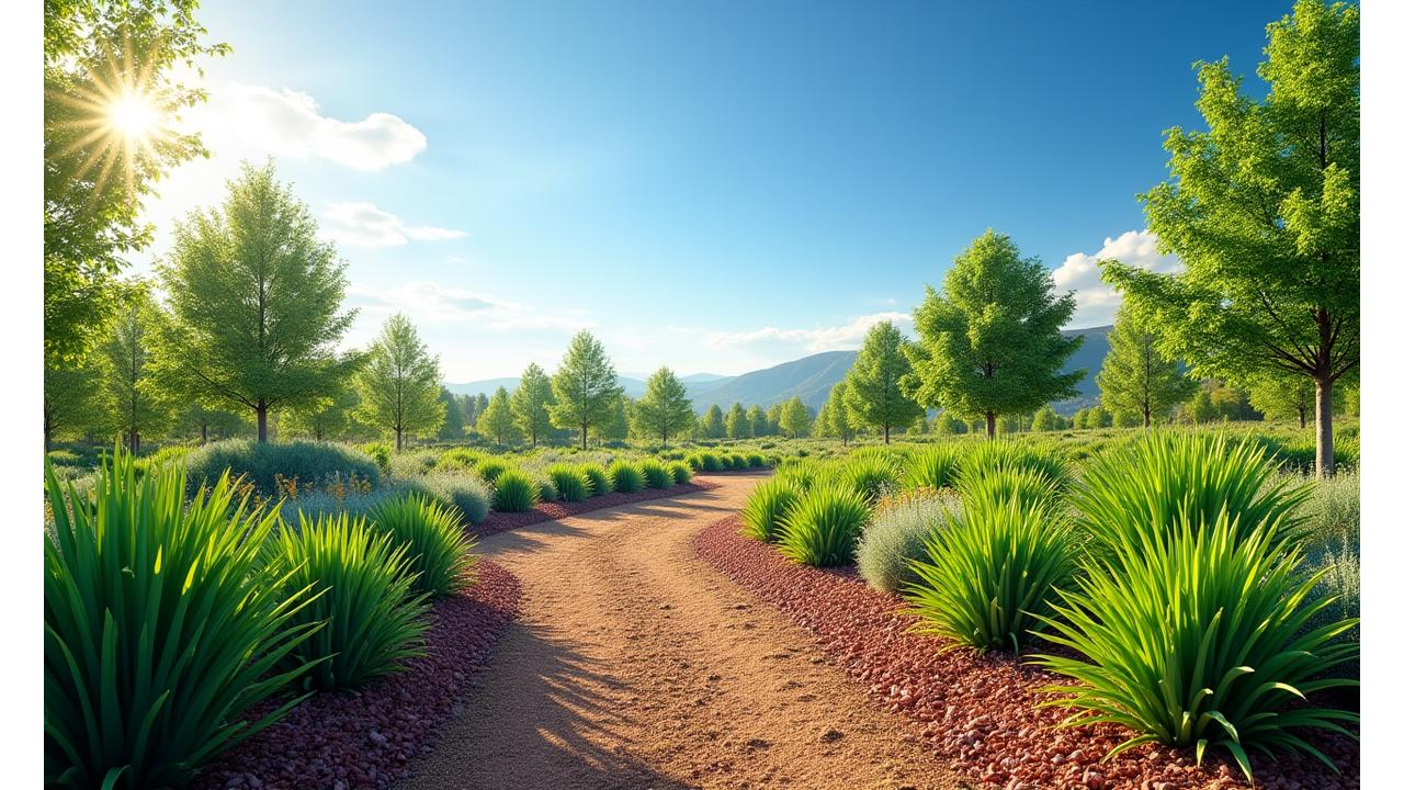 Healthy, vibrant commercial landscape with a diverse array of drought-tolerant plants and a clear blue sky