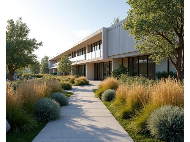 Expansive native plant landscaping around a modern corporate building, featuring native grasses, large shrubs, and rock formations blending into the natural environment.