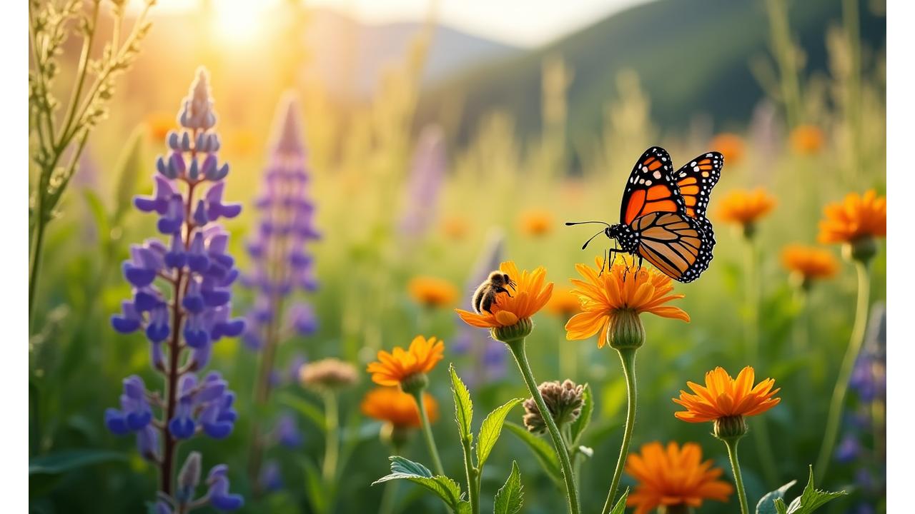 Vibrant Idaho native landscape with diverse wildflowers, native grasses, and a healthy pollinator bee, showcasing seasonal beauty and ecological balance.