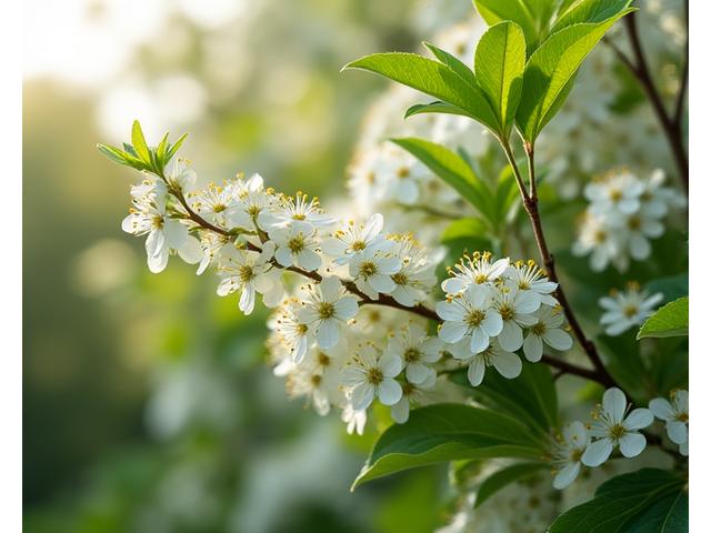 Serviceberry shrub with delicate white flowers in spring, against a backdrop of green foliage, attracting birds.