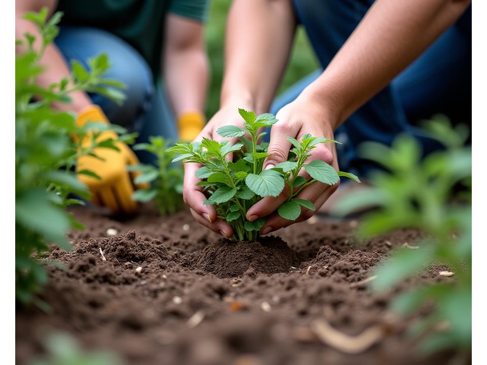 Landscaping team planting native shrubs and wildflowers into prepared soil, emphasizing careful installation and healthy development.