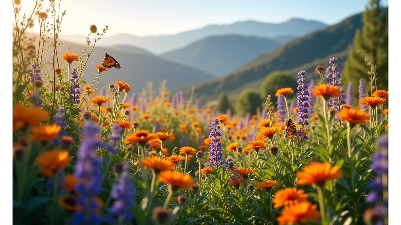 A lush, biodiverse pollinator garden in Boise, featuring vibrant native flowers, butterflies, and bees in harmonious activity, with the foothills in the background.