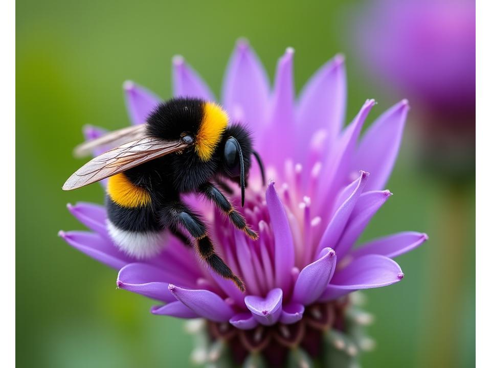 A large, fuzzy bumblebee actively collecting nectar from a vibrant purple cone-flower in a lush, biodiverse garden.