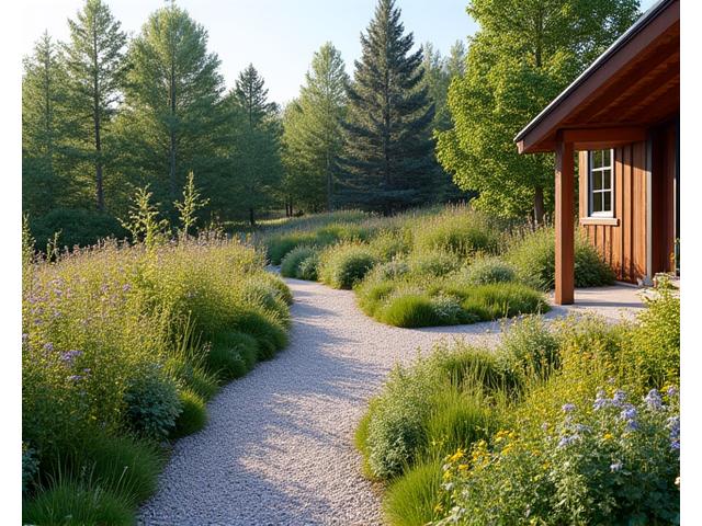 A beautiful residential native plant garden with meandering paths, a variety of textures, and blooming wildflowers harmonized with natural elements.