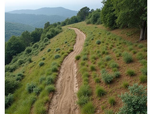 A large-scale ecological restoration project showing recently planted native shrubs and young trees on a hillside, with clear signs of new growth and erosion control measures.