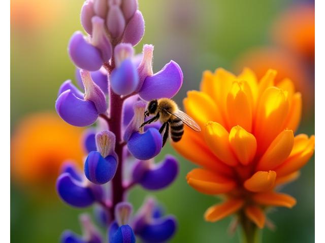 Close-up of vibrant purple Lupine wildflowers and bright orange Indian Paintbrush blooming in an Idaho meadow, attracting bees.