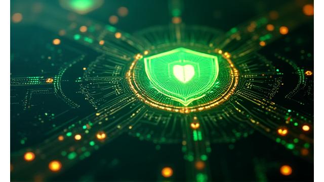Abstract depiction of secure data flow and protection, with glowing shield icons and interlocking digital patterns.