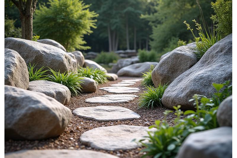 Large, naturally weathered and moss-covered boulders strategically placed in a rock garden, creating a sense of natural flow and stability amidst alpine plants.