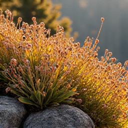 Autumn alpine garden with plants displaying rich fall colors and interesting seed heads against a backdrop of golden light