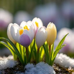 Spring alpine garden with vibrant early blooms pushing through melting snow and emerging foliage