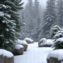 Winter alpine garden covered in a light dusting of snow, highlighting evergreen conifers and rock structures