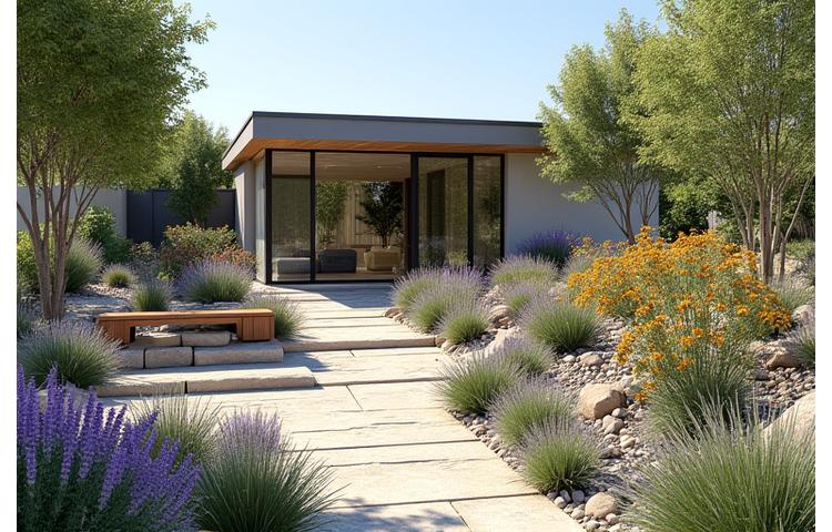 Architectural rendering of a modern drought-tolerant garden design with terraced rock features and native shrubs