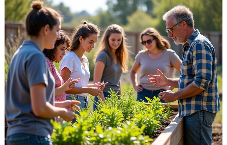 Group of people attending an outdoor xeriscaping workshop, learning about drought-tolerant plants from an instructor