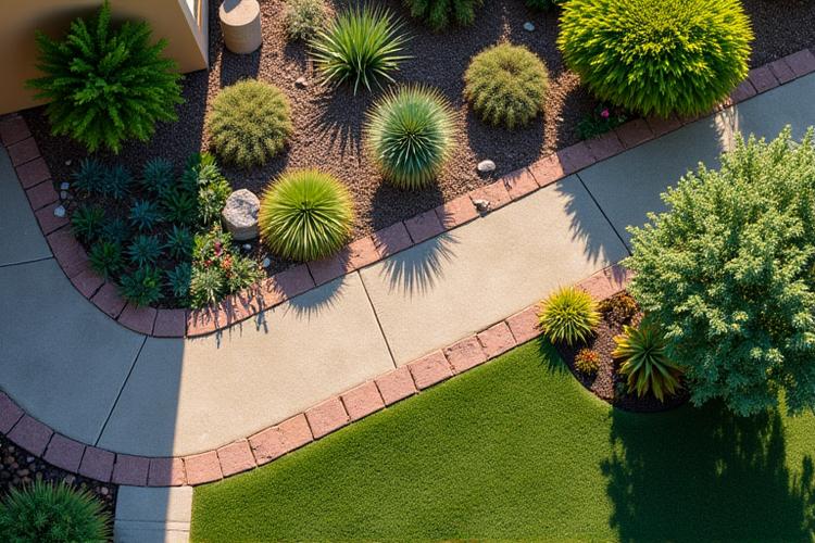 Overhead view of a beautiful, sustainable garden integrating hardscapes, native plants, and efficient irrigation demonstrating comprehensive landscaping services