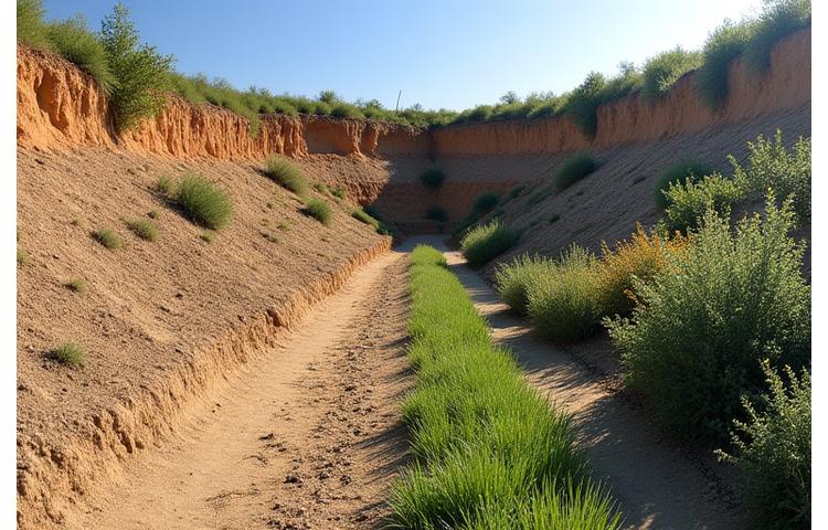 Before and after comparison showing a barren slope transformed into a terraced, planted, and stabilized garden area