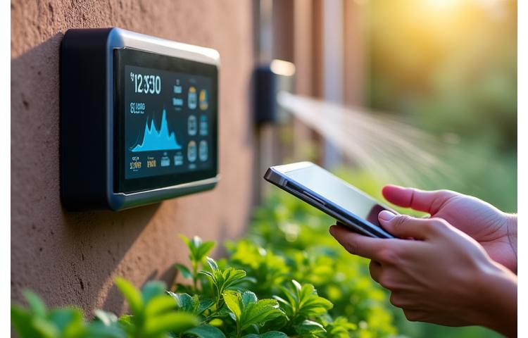 Smart irrigation controller with a smartphone showing water usage data, highlighting efficiency