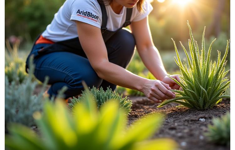 A gardener meticulously caring for drought-tolerant plants in a well-maintained garden bed