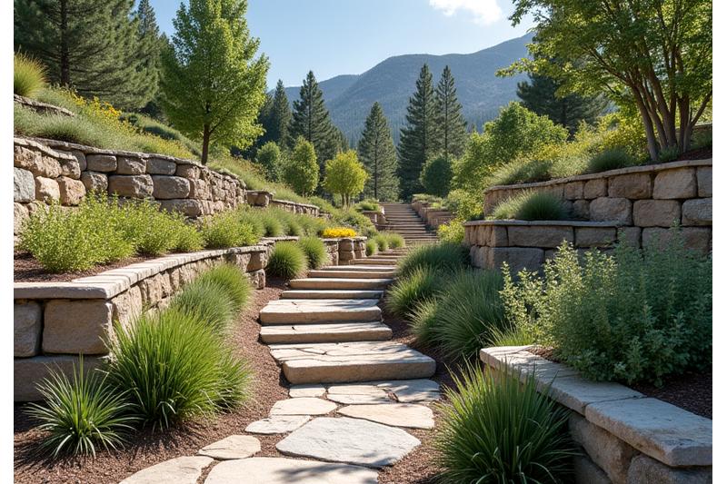 Before and after of a steep, eroded slope transformed into a beautiful, stable terraced alpine garden with stone steps