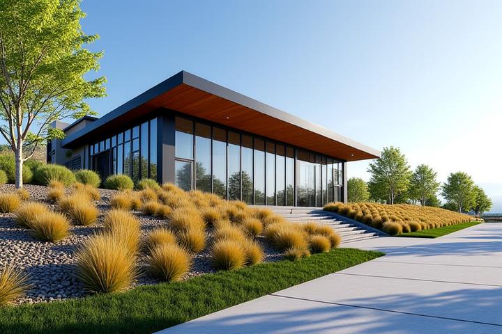 Commercial property entrance with a newly stabilized, artfully planted sloped area, enhancing curb appeal and preventing drainage issues.