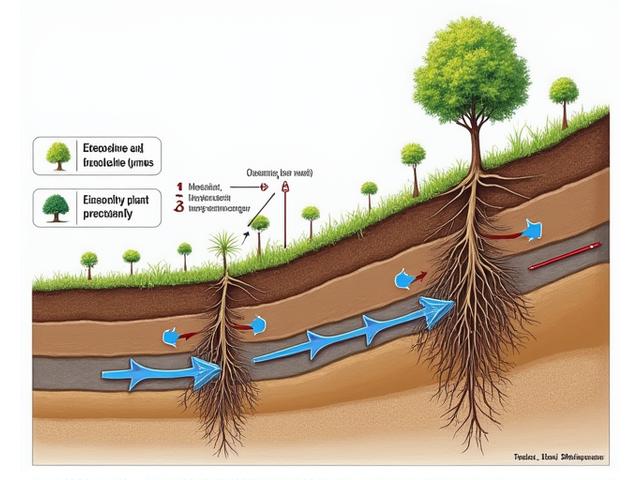 Cross-section diagram illustrating how plant roots penetrate soil, forming a mesh-like structure to prevent erosion and illustrating water runoff patterns.