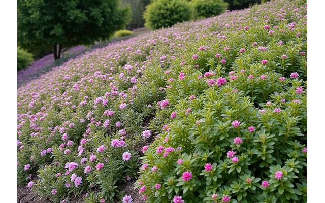 Dense mat of drought-tolerant groundcover plants effectively covering a gentle slope, preventing splash erosion.
