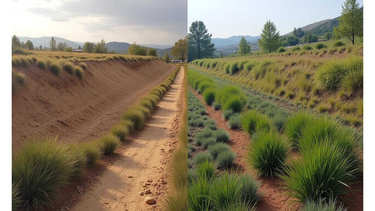 Before and after of a severely eroded hillside transformed into a lush, stable landscape with deep-rooted native plants and terracing.