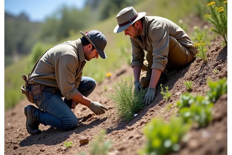 Landscaping crew installing erosion control fabric and carefully planting on a prepared slope, demonstrating professional techniques.