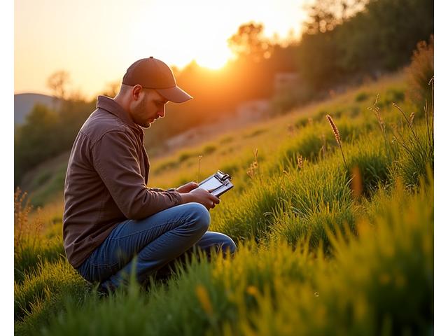 Horticultural expert inspecting newly planted grasses and shrubs on a slope, ensuring proper establishment and checking for any signs of erosion.
