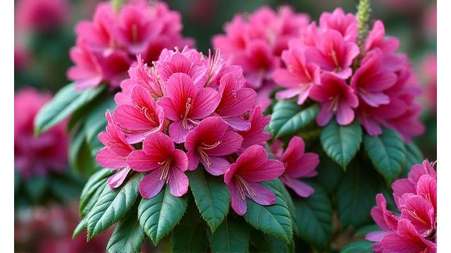 Vibrant, healthy rhododendron flowers blooming in rich, acidic soil.