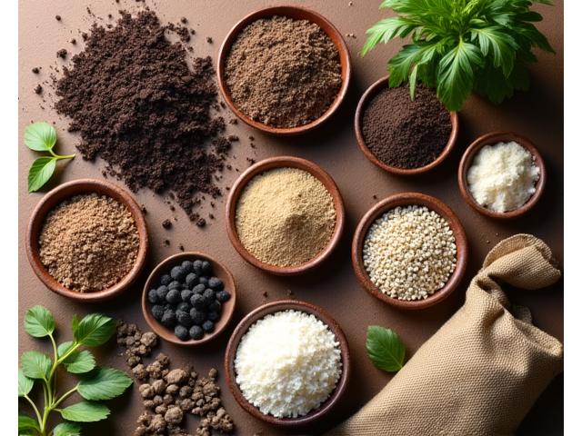 Various organic soil amendments like compost, perlite, and mineral supplements laid out, ready for application in a garden setting.