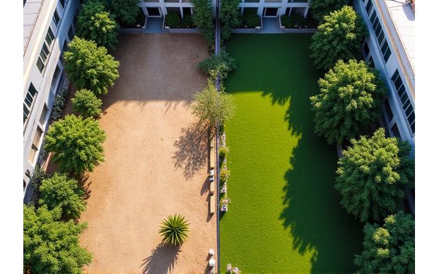 Drone shot showcasing a commercial property's landscape, initially barren and transitioning to a flourishing, professionally maintained green space.