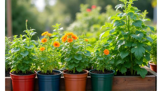 An assortment of vibrant plants in various containers and a raised garden bed, showcasing healthy growth.