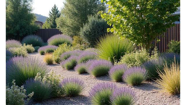 Drought-tolerant plants like sedum and lavender thriving in well-drained, mulched soil under the Idaho sun.