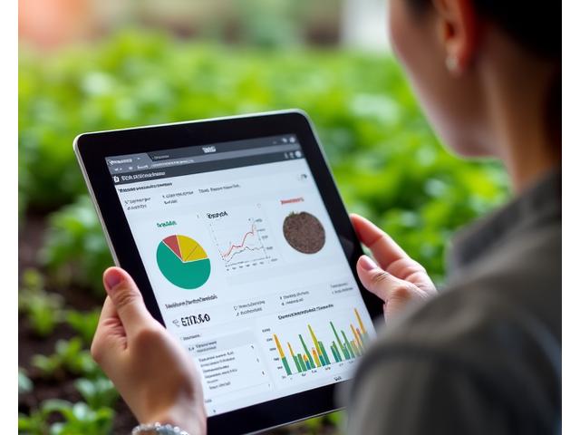 A horticulturalist reviewing a tablet displaying soil health data graphs and trends, showing scientific monitoring.