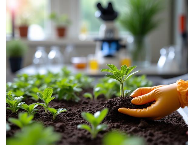 Close-up of hands collecting a soil sample with laboratory testing equipment in the background, showing precision and scientific approach.