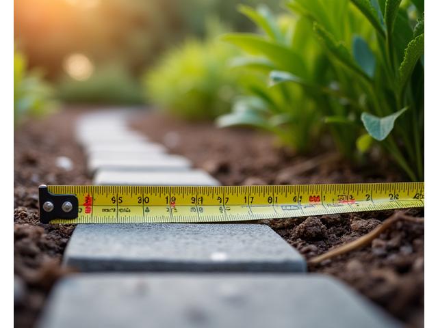 Measuring tape stretched across well-landscaped ground with newly laid pavers, symbolizing precision and quality.