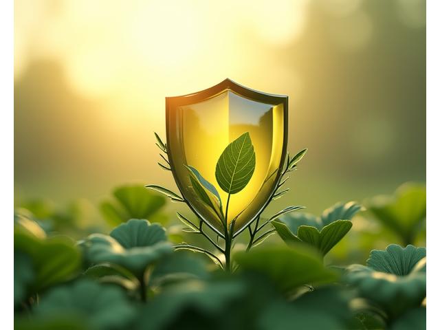 Illustration of a shield emblem over a garden setting, symbolizing protection and guarantee.