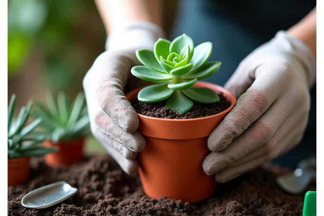 Close-up of a person planting a small succulent into well-drained soil in a pot, demonstrating hands-on gardening