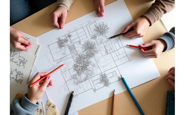 Participants collaboratively sketching landscape designs on paper with pencils and rulers