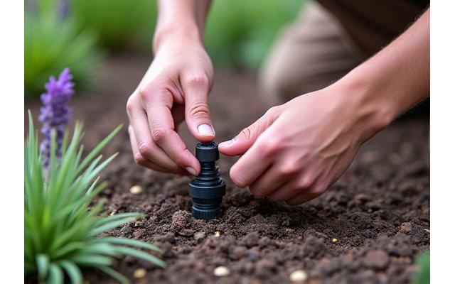 Close-up of hands adjusting a drip irrigation emitter within a garden bed