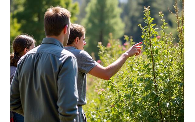 Instructor pointing to various plants in a botanical garden, discussing identification with students