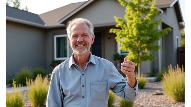 A homeowner standing proudly next to their new rock garden featuring succulents and native grasses that conserves water